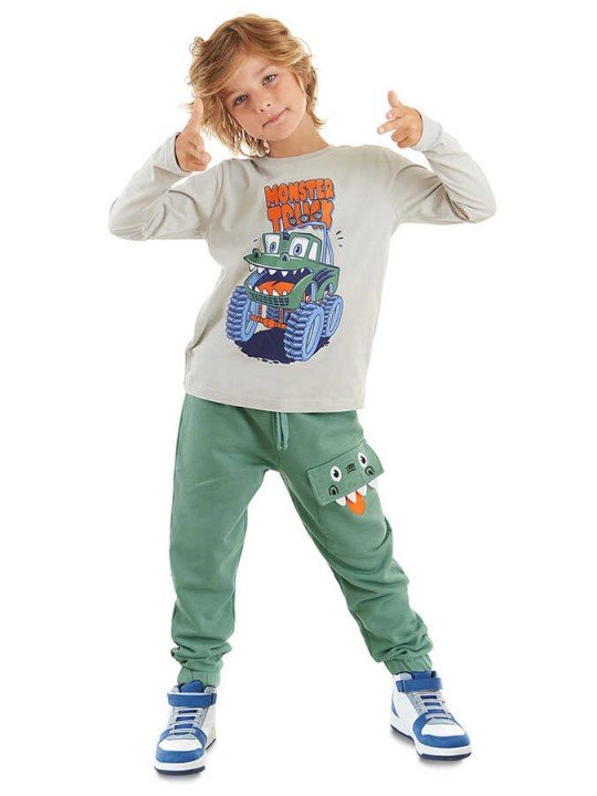 Erkek Çocuk Canavar Kamyon T-shirt Pantolon Takım - Gri - DENOKİDS