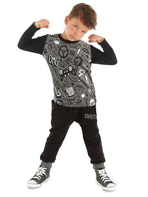 Erkek Çocuk Gamer T-shirt Pantolon Takım - Antresit - DENOKİDS