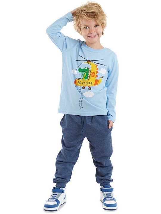 Erkek Çocuk Helikopter T-shirt Pantolon Takım - Mavi - DENOKİDS