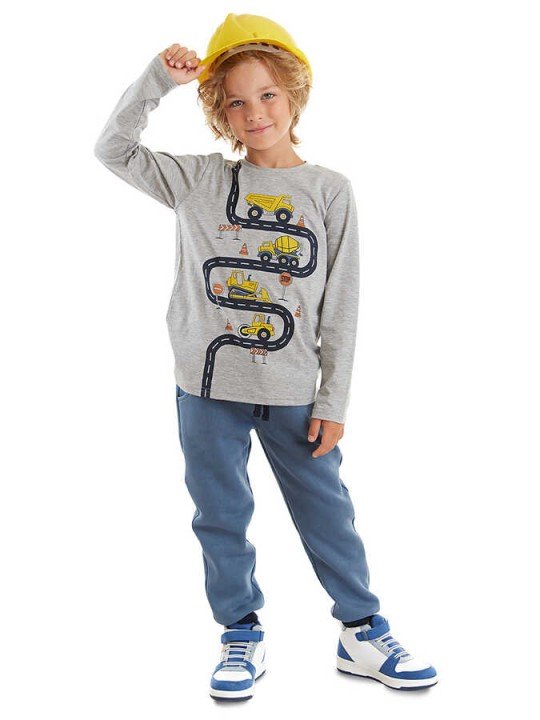 Erkek Çocuk İş Makineleri T-shirt Pantolon Takım - Gri - DENOKİDS