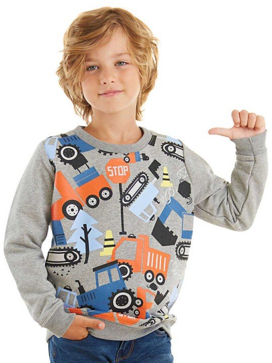 Erkek Çocuk Sevimli Arabalar Sweatshirt - Gri - 1