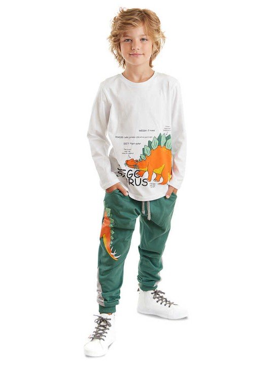 Erkek Çocuk Stegosaurus T-shirt Pantolon Takım - Haki - DENOKİDS