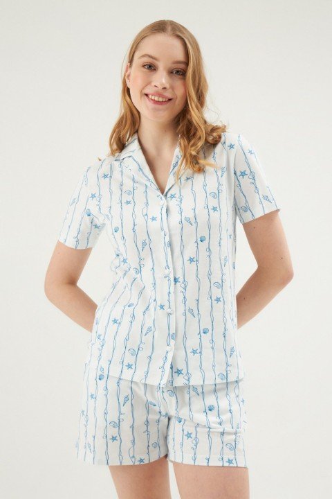 Gömlek Şort Pijama Takımı-Beyaz - 1