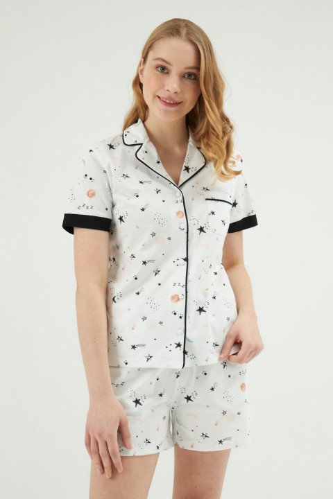 Gömlek Şort Pijama Takımı-Beyaz - 3