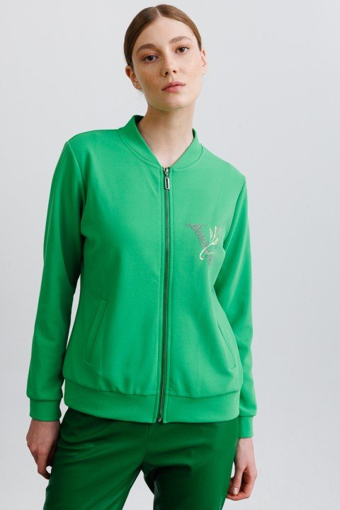 Fermuarlı Taş Baskılı Hırka-Benetton Yeşil - On Fashion