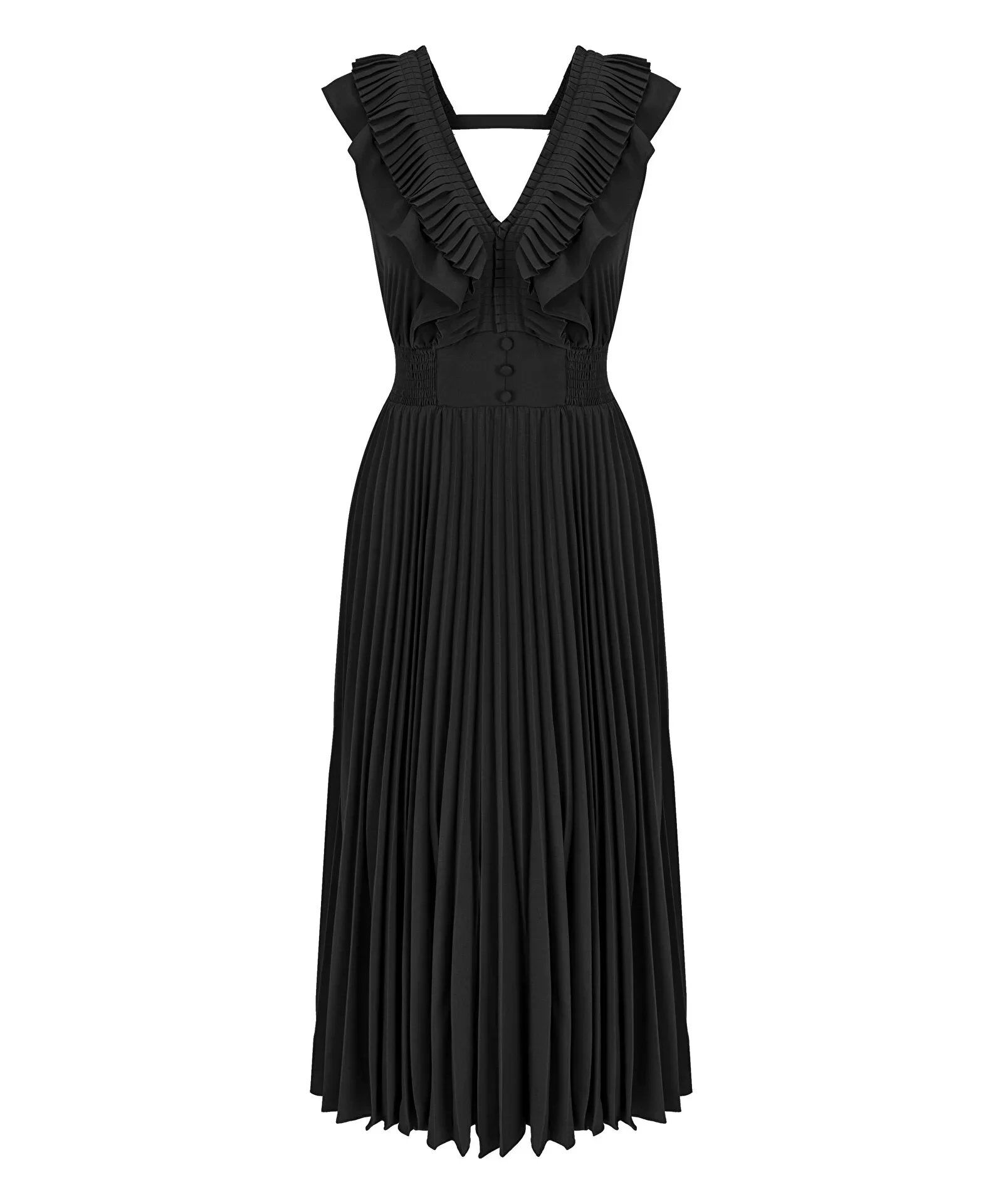 Fırfır Şeritli Pilili Elbise-Siyah - 6