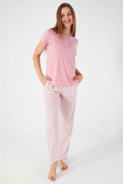 Flowering Pink Kadın Kısa Kol Pijama Takım-Rose - 1