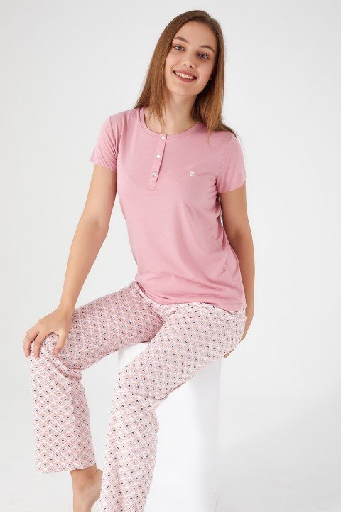 Flowering Pink Kadın Kısa Kol Pijama Takım-Rose - 3