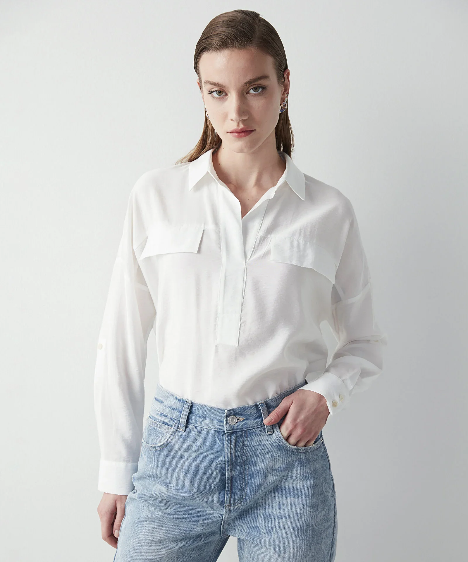 Gömlek Yaka Basic Bluz-Beyaz - 1