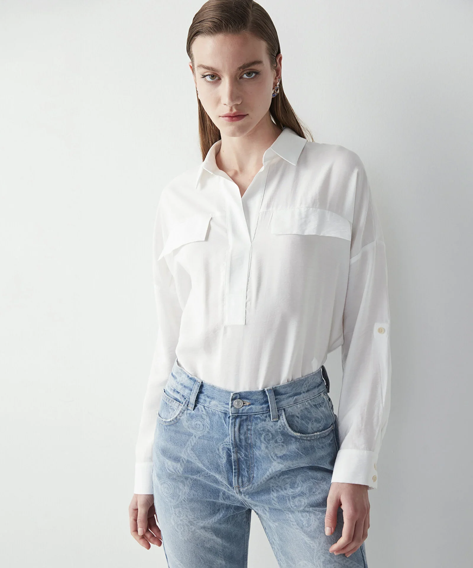 Gömlek Yaka Basic Bluz-Beyaz - 2
