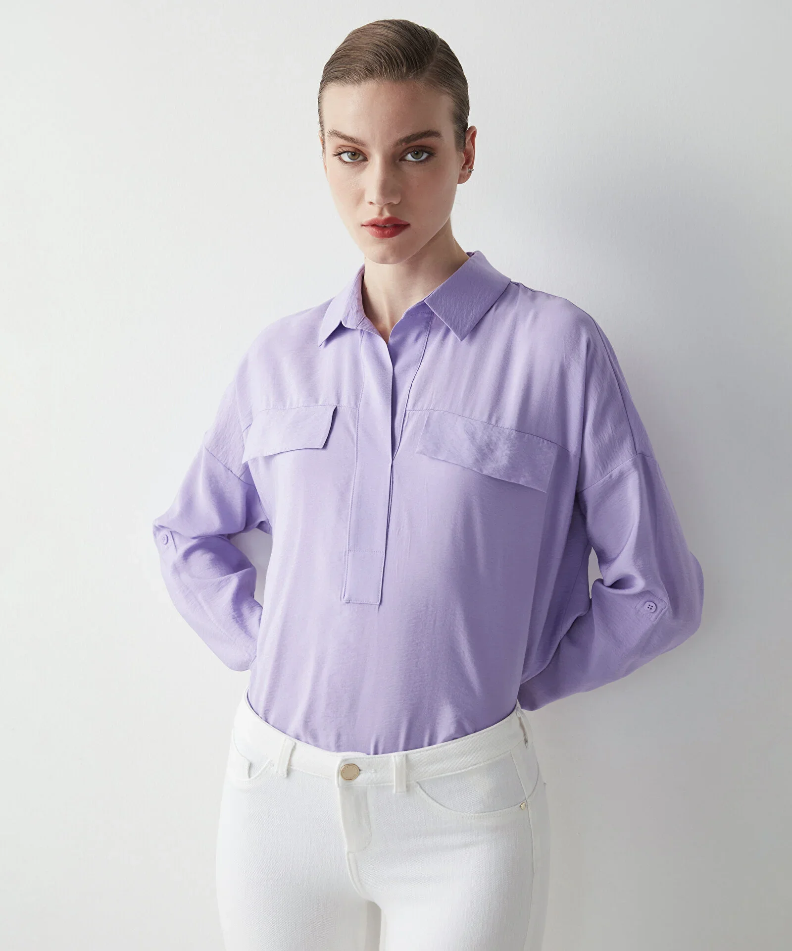 Gömlek Yaka Basic Bluz-Mor - 1
