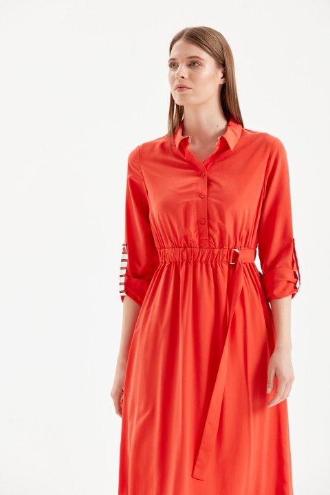 Gömlek Yaka Dökümlü Elbise-Kırmızı - 2
