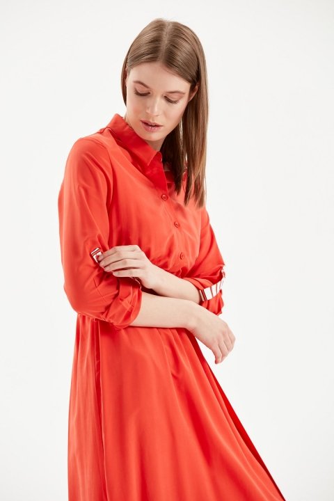 Gömlek Yaka Dökümlü Elbise-Kırmızı - 4