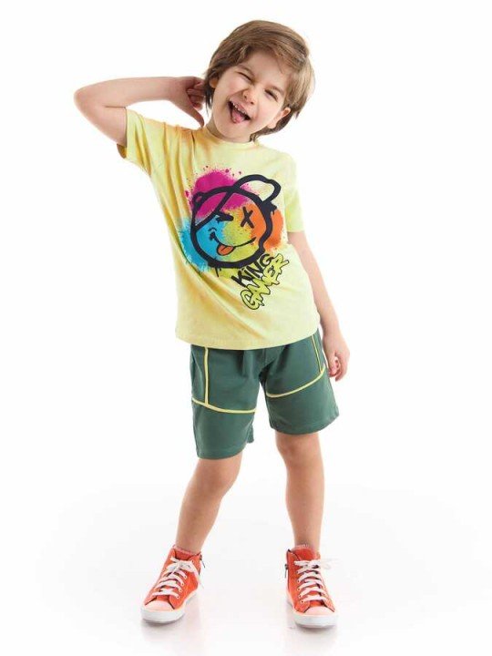 Gülelim Erkek Çocuk Sarı T-shirt Haki Şort Yazlık Takım - Mushi