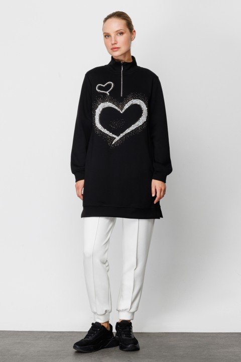 İnci Kalp Detaylı Tunik-Siyah - On Fashion