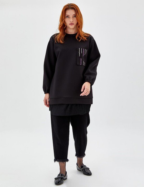İşlemeli Cep Detaylı Sweatshirt-Siyah - KAYRA