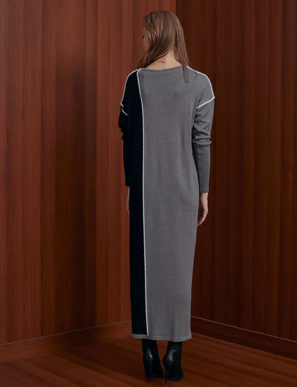 Tüylü İp Şeritli Parçalı Triko Elbise-Gri - 5