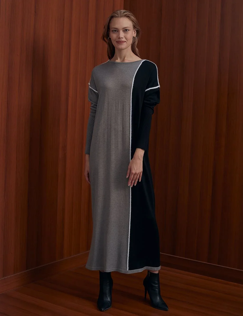 Tüylü İp Şeritli Parçalı Triko Elbise-Gri - 1