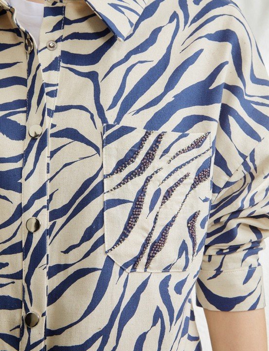 Doğal Kumaş Zebra Desenli Gömlek Tunik-Ekru-Mavi - 6