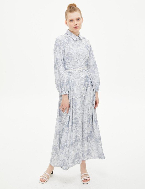 Kemerli Reglan Kol Emprime Elbise-Lacivert-Beyaz - 1