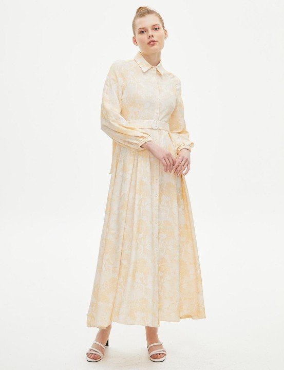 Kemerli Reglan Kol Emprime Elbise-Sarı-Beyaz - 2