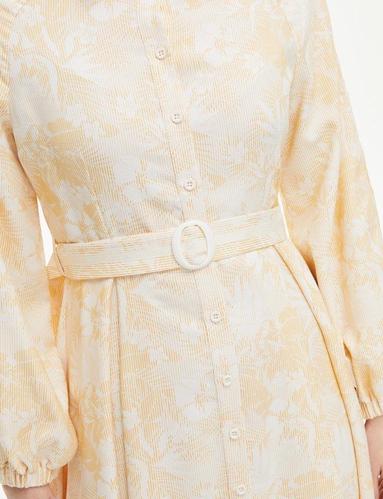Kemerli Reglan Kol Emprime Elbise-Sarı-Beyaz - 6