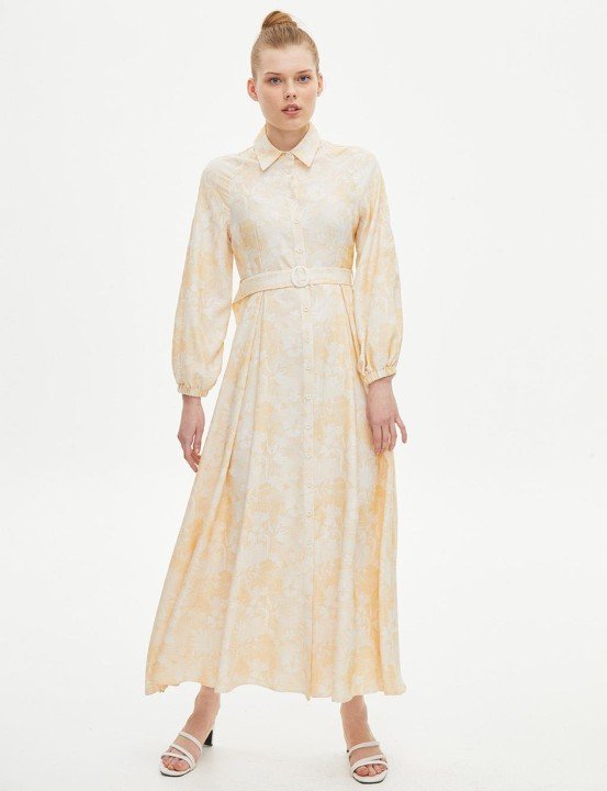 Kemerli Reglan Kol Emprime Elbise-Sarı-Beyaz - 4
