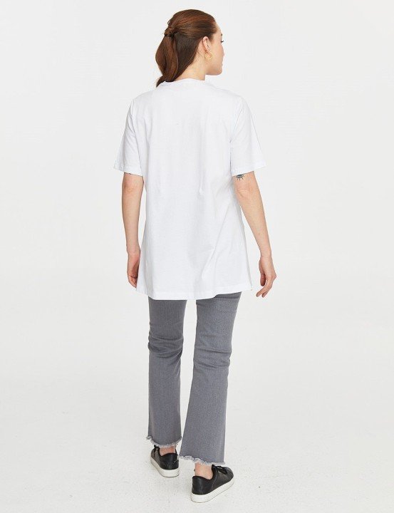 Baskılı Sıfır Yaka T-Shirt-Beyaz - 7