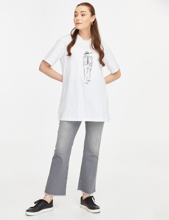 Baskılı Sıfır Yaka T-Shirt-Beyaz - 5