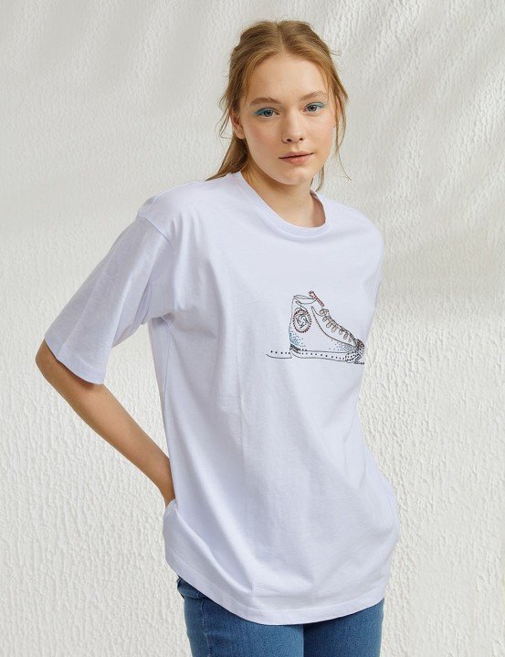 Taş Baskılı Kısa Kollu T-Shirt-Beyaz - 1
