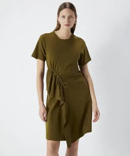 Kadın Ayarlanabilir Büzgülü Penye Elbise-Haki - 3