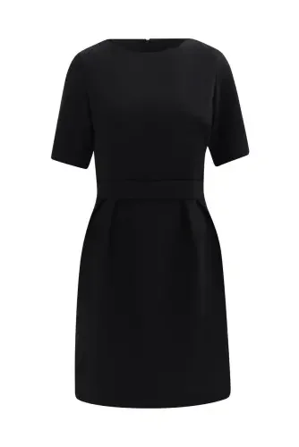 Kadın Bel Detaylı Kısa Kol Krep Kumaş Elbise - Siyah - 1