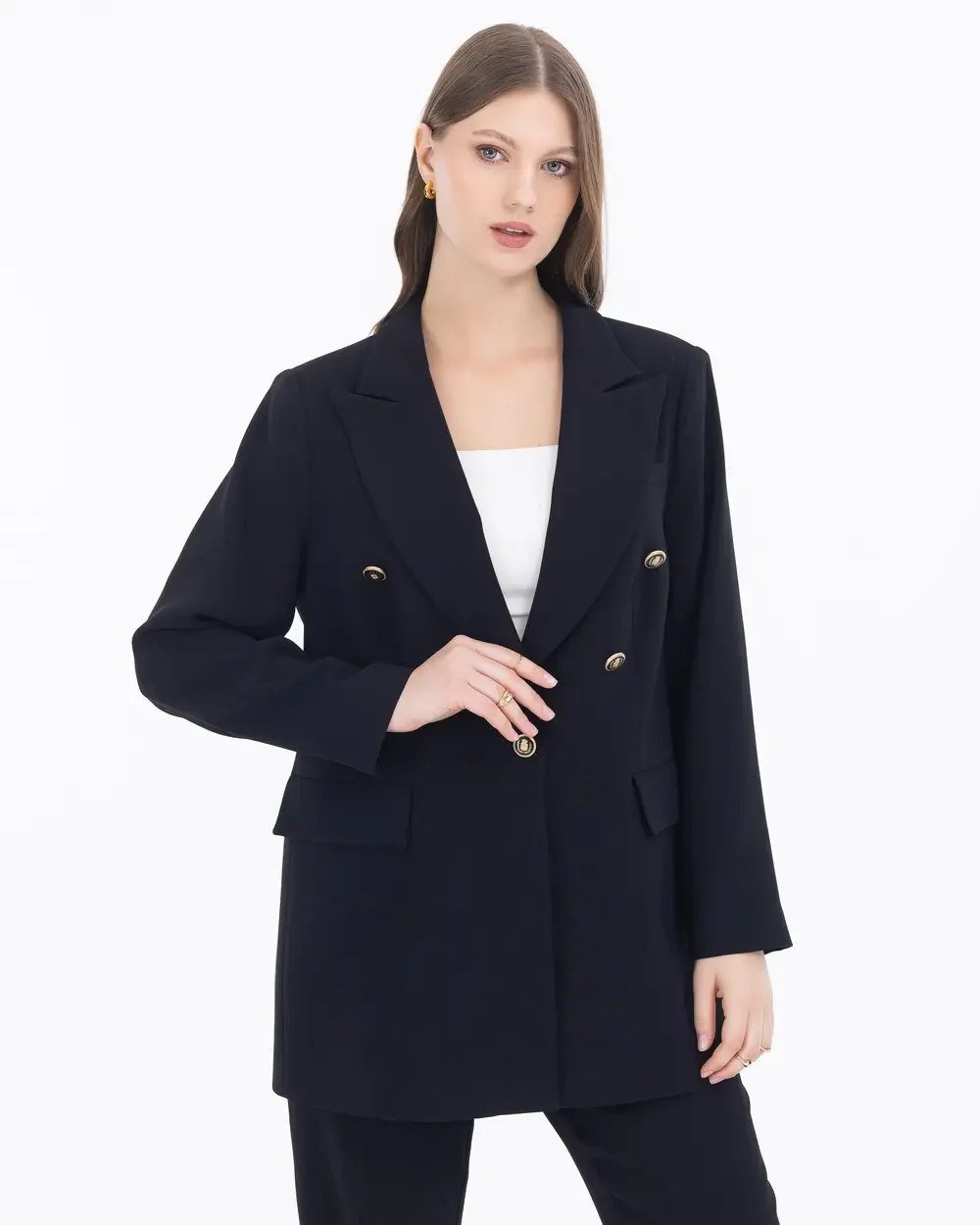 Kadın Büyük Beden Düğme Detaylı Blazer Ceket - Siyah - 1