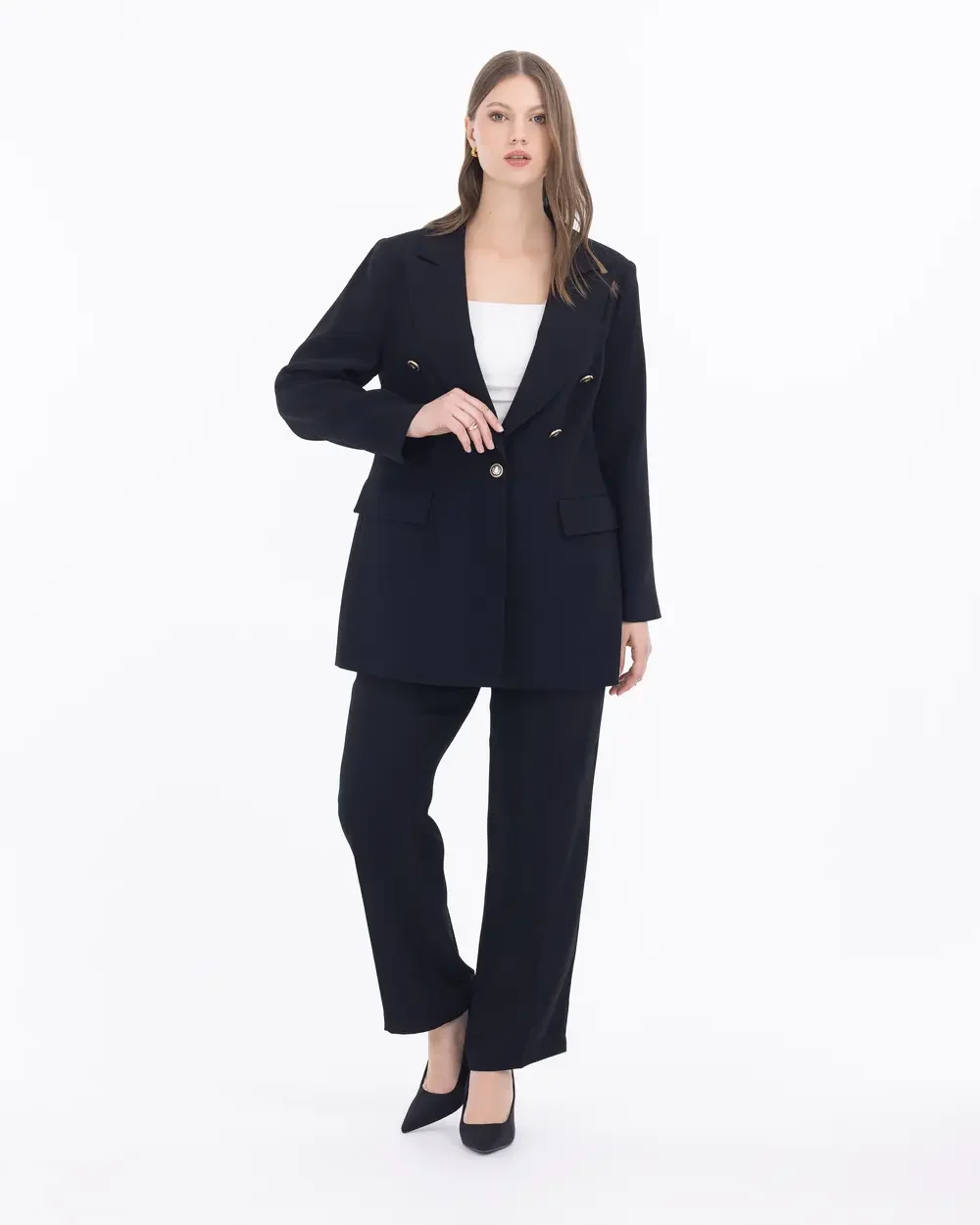 Kadın Büyük Beden Düğme Detaylı Blazer Ceket - Siyah - 3