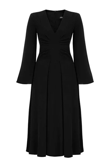 Kadın Büzgülü Volanlı Krep Elbise - Siyah - 5