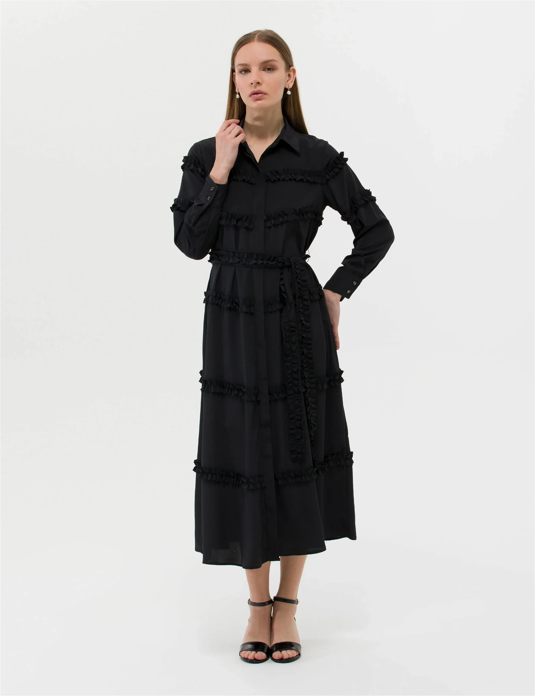 Kadın Comfort Fit Dokuma Elbise-Siyah - 1
