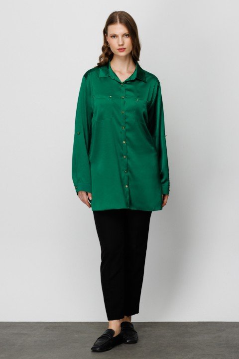 Kadın Ekol Saten Görünümlü Gömlek - Yeşil - 1