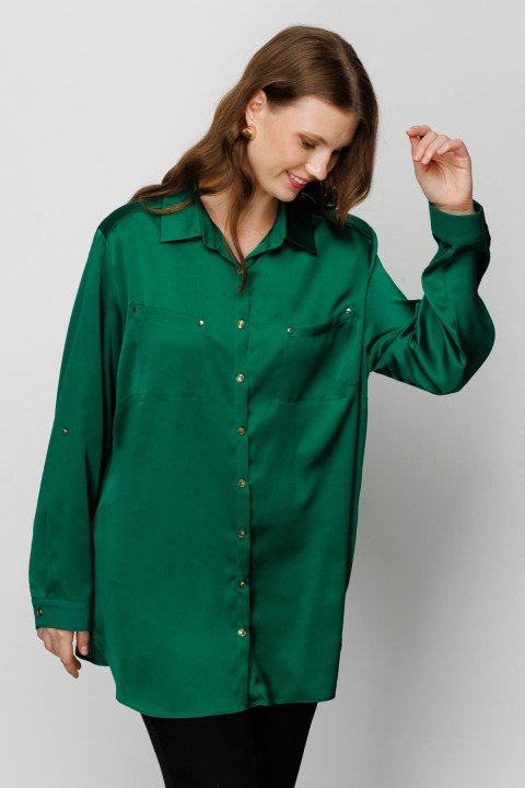 Kadın Ekol Saten Görünümlü Gömlek - Yeşil - 2