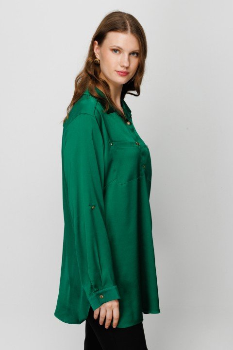 Kadın Ekol Saten Görünümlü Gömlek - Yeşil - 3