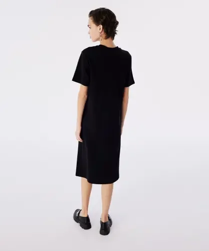 Kadın Görsel Baskılı Penye Elbise-Siyah - 4