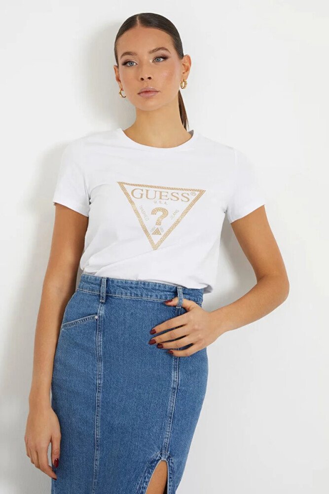 Kadın Guess Önde Üçgen Logolu T-Shirt - Beyaz - GUESS