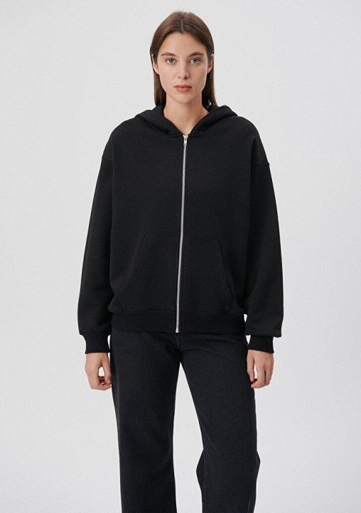 Kadın Kapüşonlu Fermuarlı Basic Sweatshirt-Siyah - 3