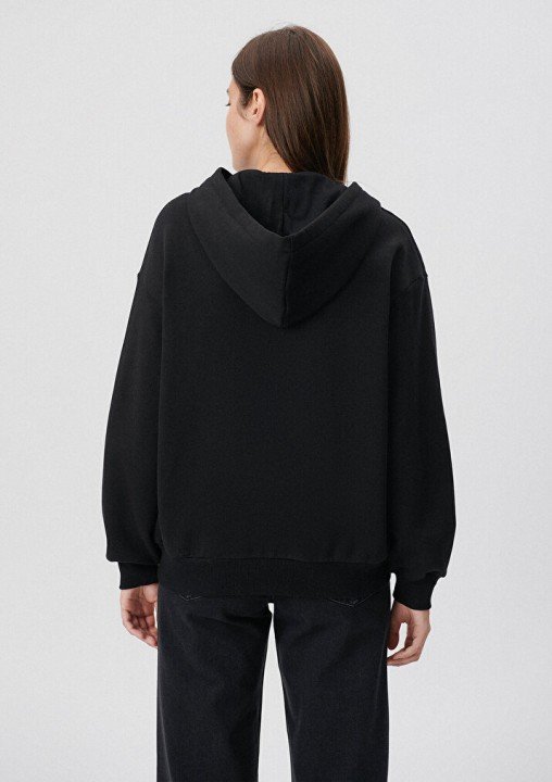 Kadın Kapüşonlu Fermuarlı Basic Sweatshirt-Siyah - 4