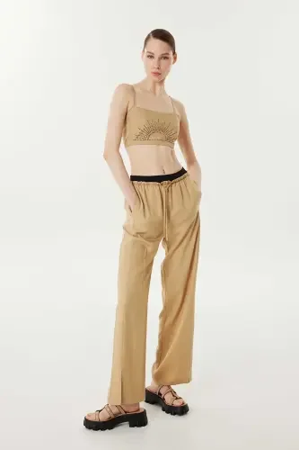 Kadın Kontrast Bel Detaylı Pantolon - Natürel - 1