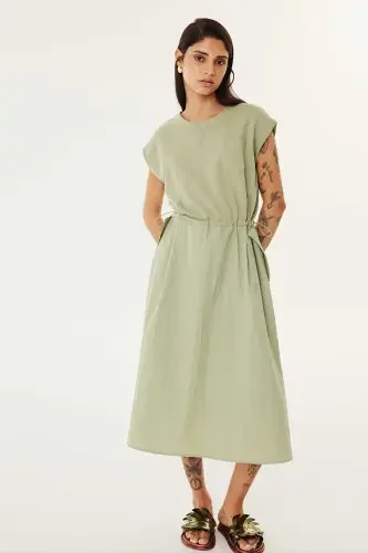 Kadın Kumaş Mix Elbise - Açık Haki - 1