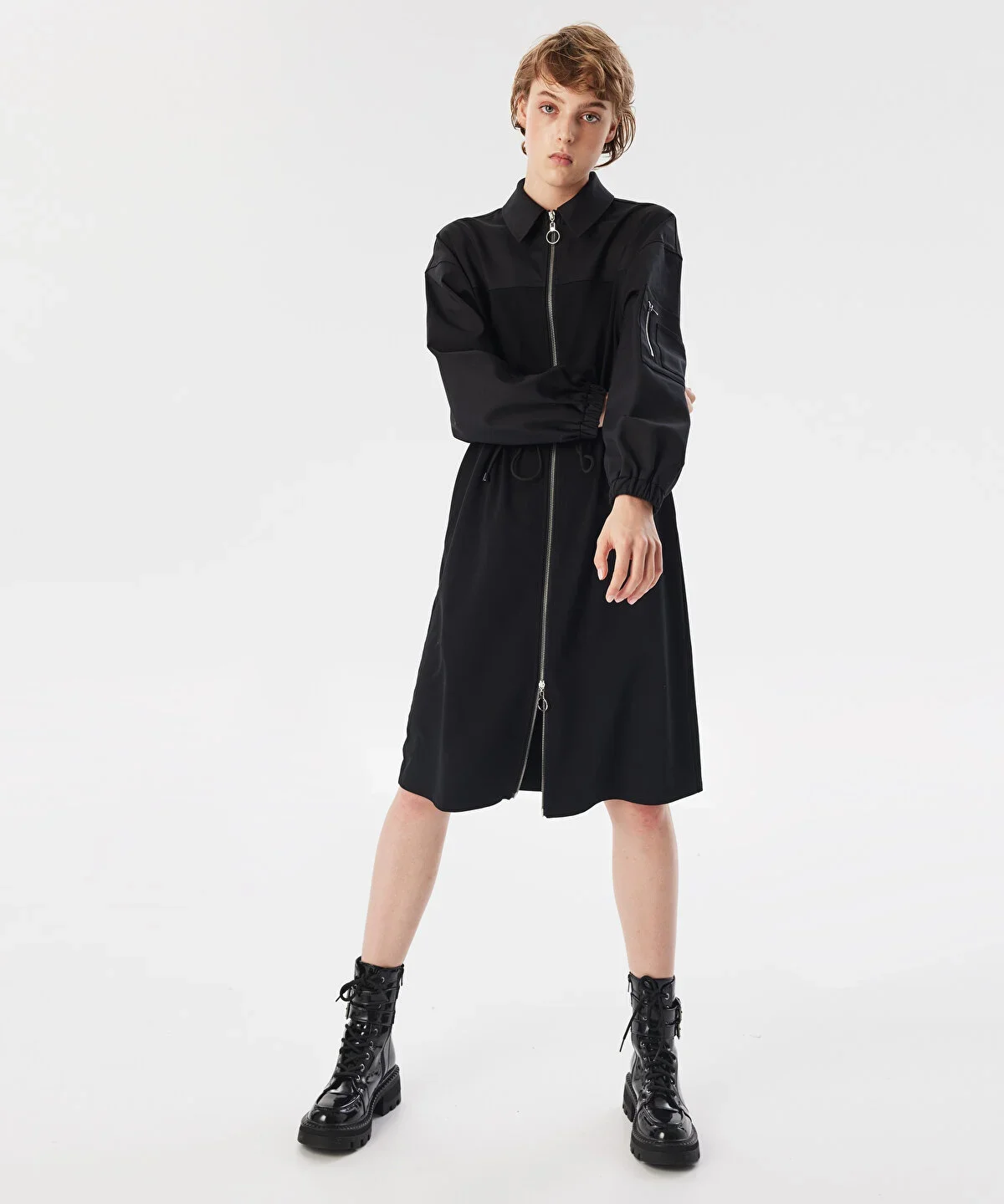 Kadın Kumaş Mix Midi Elbise - Siyah - 1