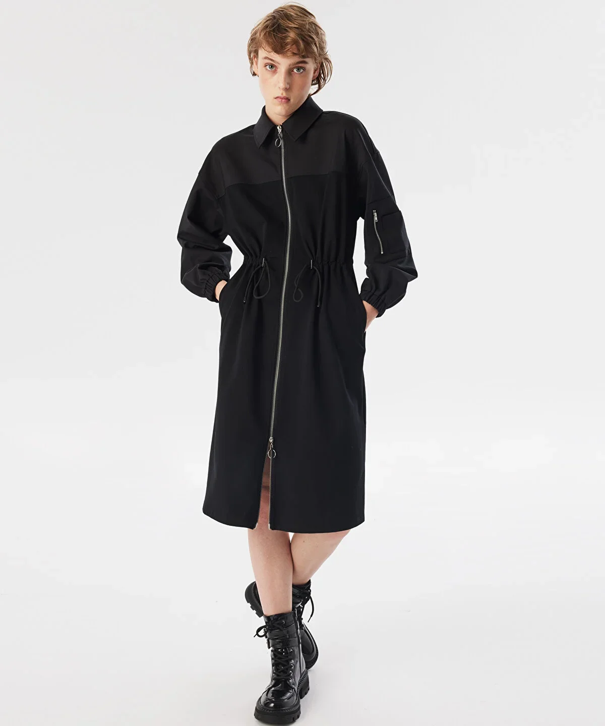 Kadın Kumaş Mix Midi Elbise - Siyah - 2