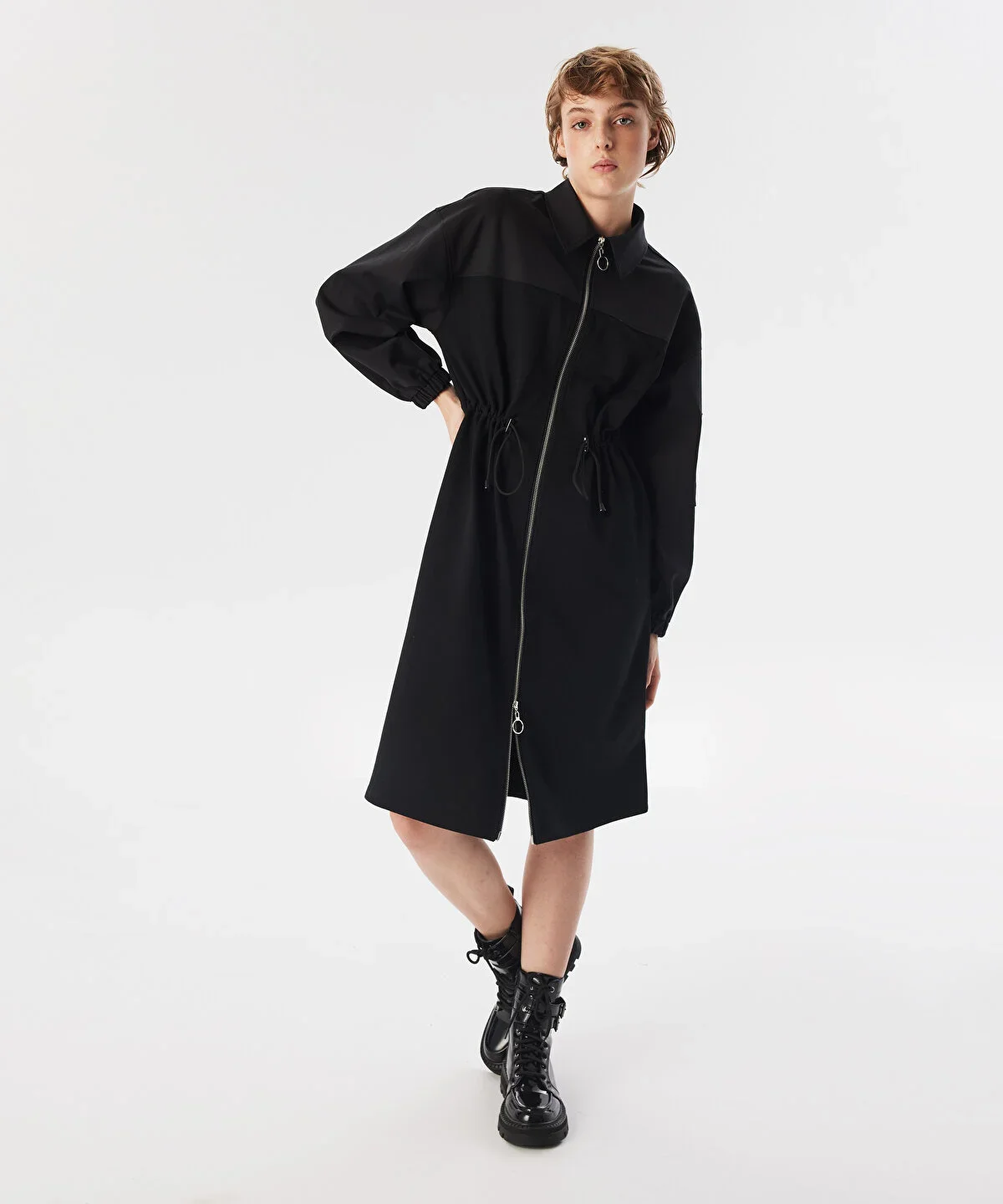 Kadın Kumaş Mix Midi Elbise - Siyah - 3