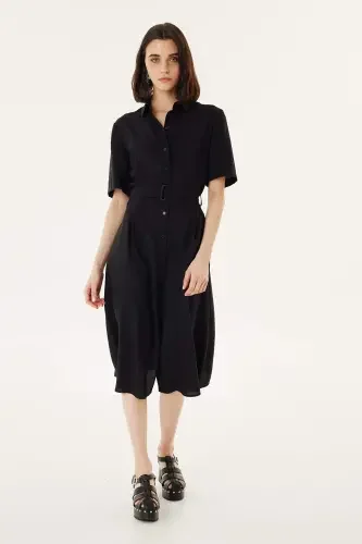 Kadın Kuşaklı Gömlek Elbise - Siyah - 2