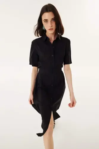 Kadın Kuşaklı Gömlek Elbise - Siyah - 3